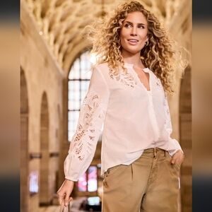 TRIBAL Long-Sleeve Embroidered Cotton Voile Blouse
